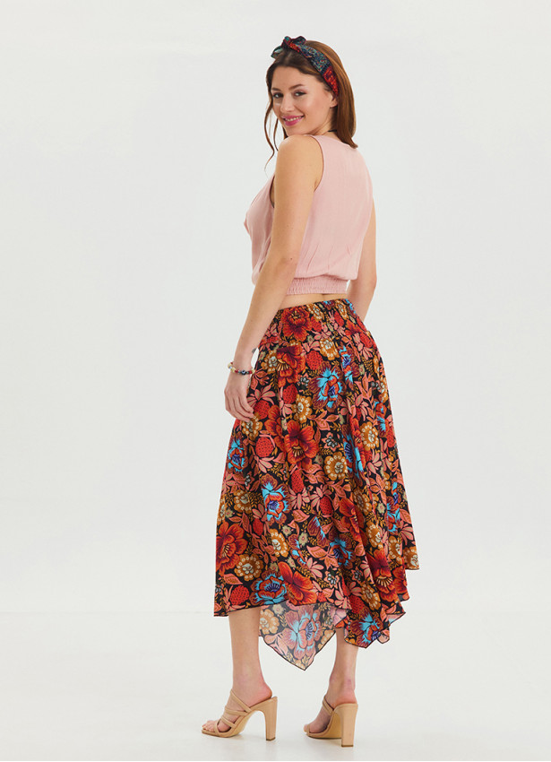 Black Patterned Printed Skirt with Gipe Detail and Tied Waist 4506